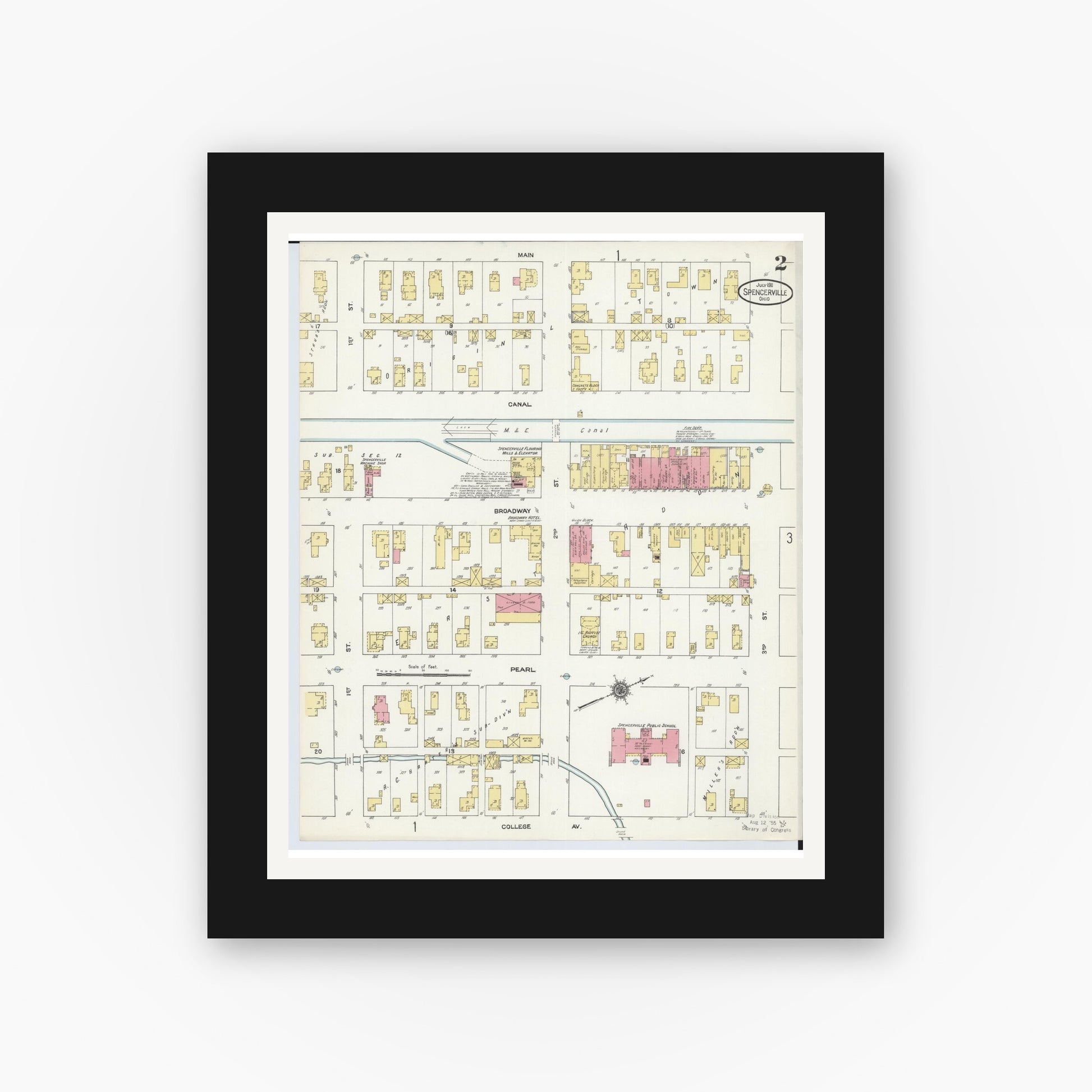 Old map wall art mockup — black gallery frame with white mat — Sanborn Fire Insurance Map from Spencerville, Allen County, Ohio (1911), Sheet #0002