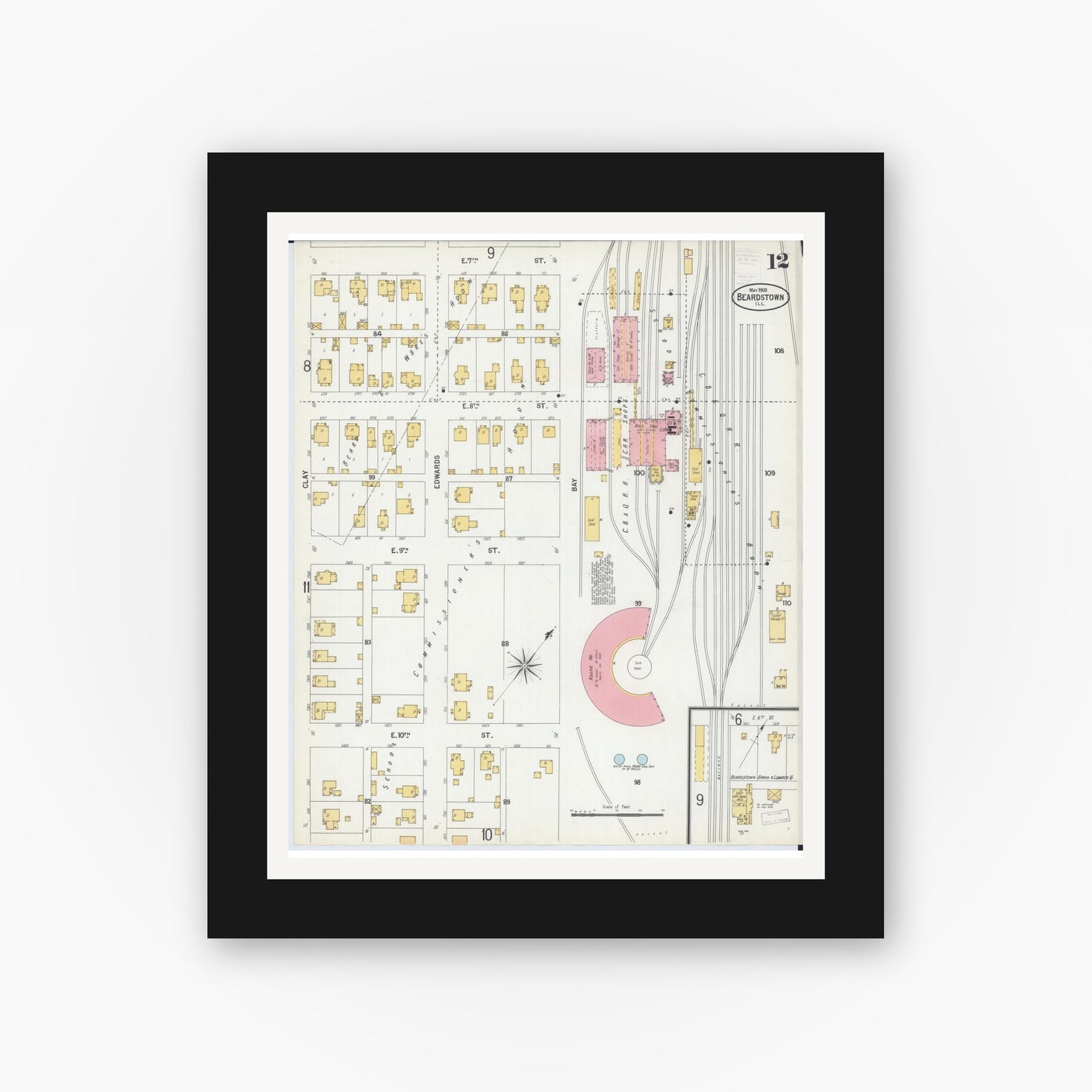 Old map wall art mockup — black gallery frame with white mat — Sanborn Fire Insurance Map from Beardstown, Cass County, Illinois (1900), Sheet #0012