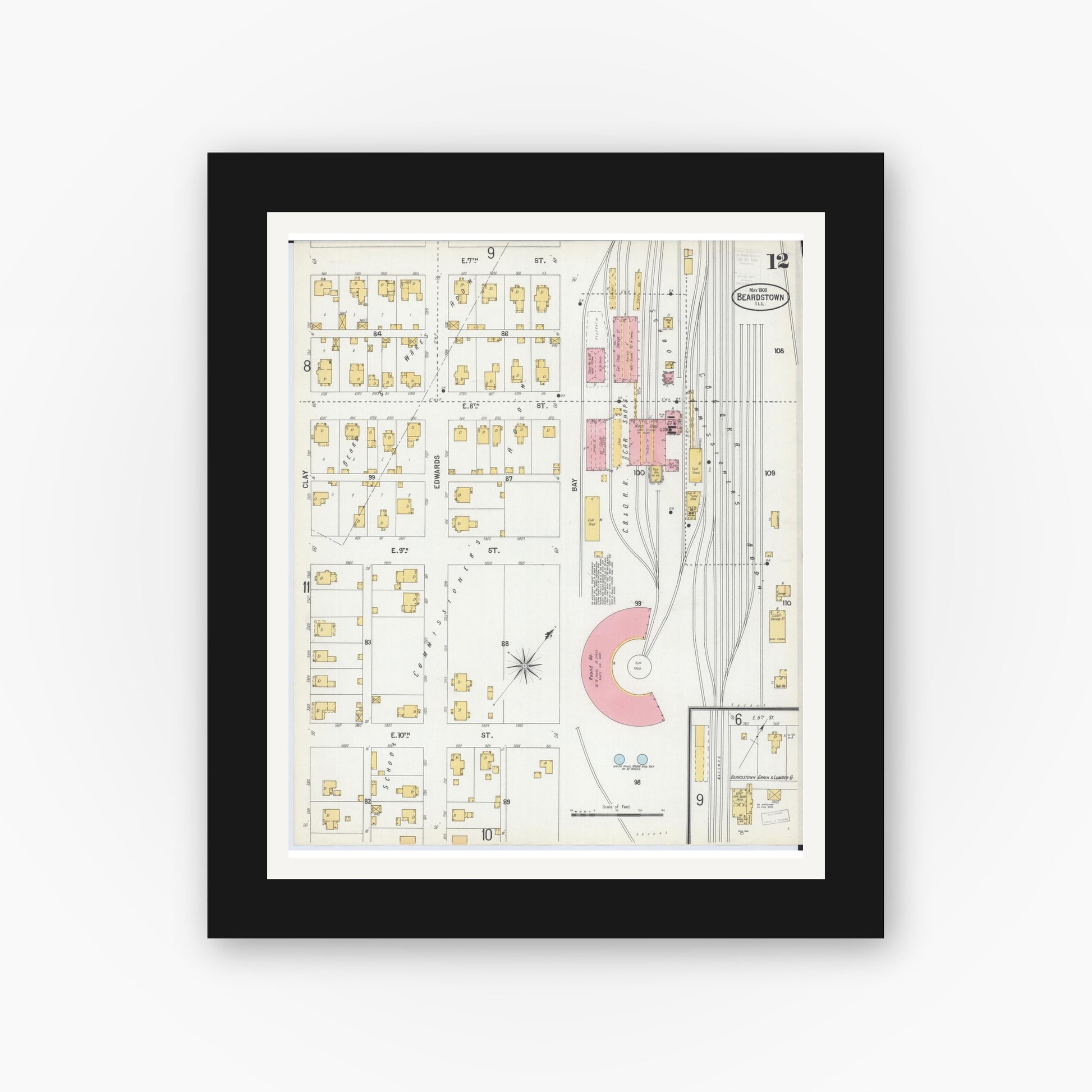 Old map wall art mockup — black gallery frame with white mat — Sanborn Fire Insurance Map from Beardstown, Cass County, Illinois (1900), Sheet #0012