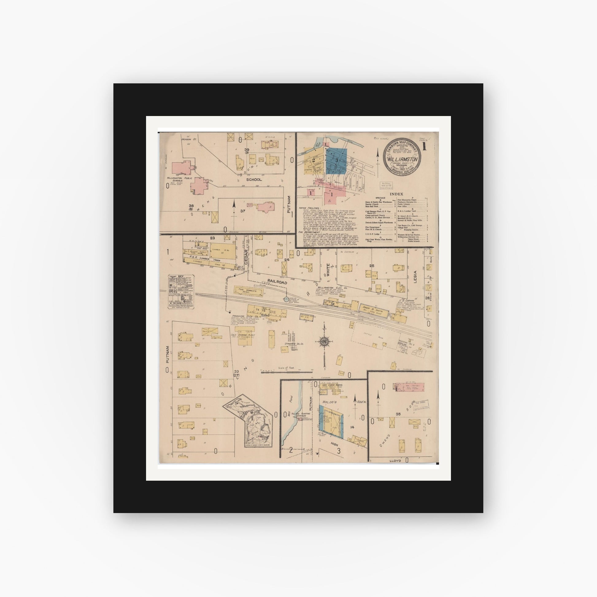 Old map wall art mockup — black gallery frame with white mat — Sanborn Fire Insurance Map from Williamston, Ingham County, Michigan (1922), Sheet #0001