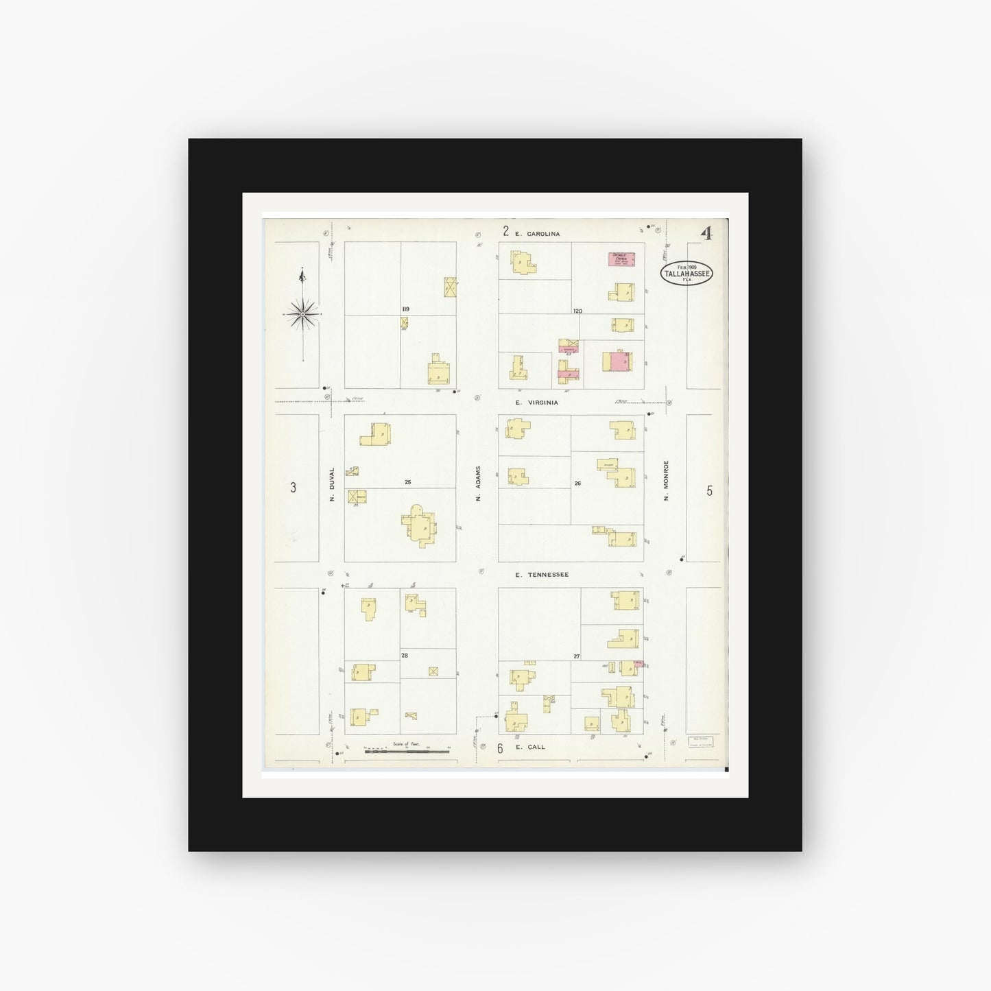 Old map wall art mockup — black gallery frame with white mat — Sanborn Fire Insurance Map from Tallahassee, Leon County, Florida (1909), Sheet #0004