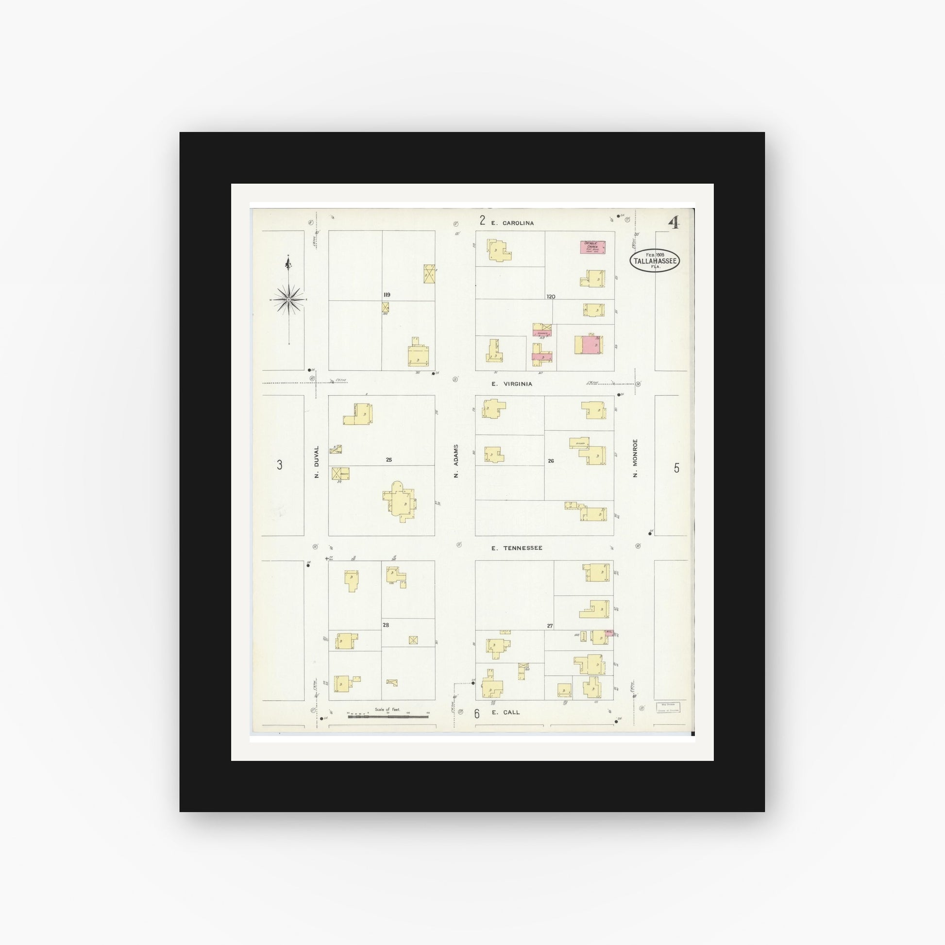 Old map wall art mockup — black gallery frame with white mat — Sanborn Fire Insurance Map from Tallahassee, Leon County, Florida (1909), Sheet #0004