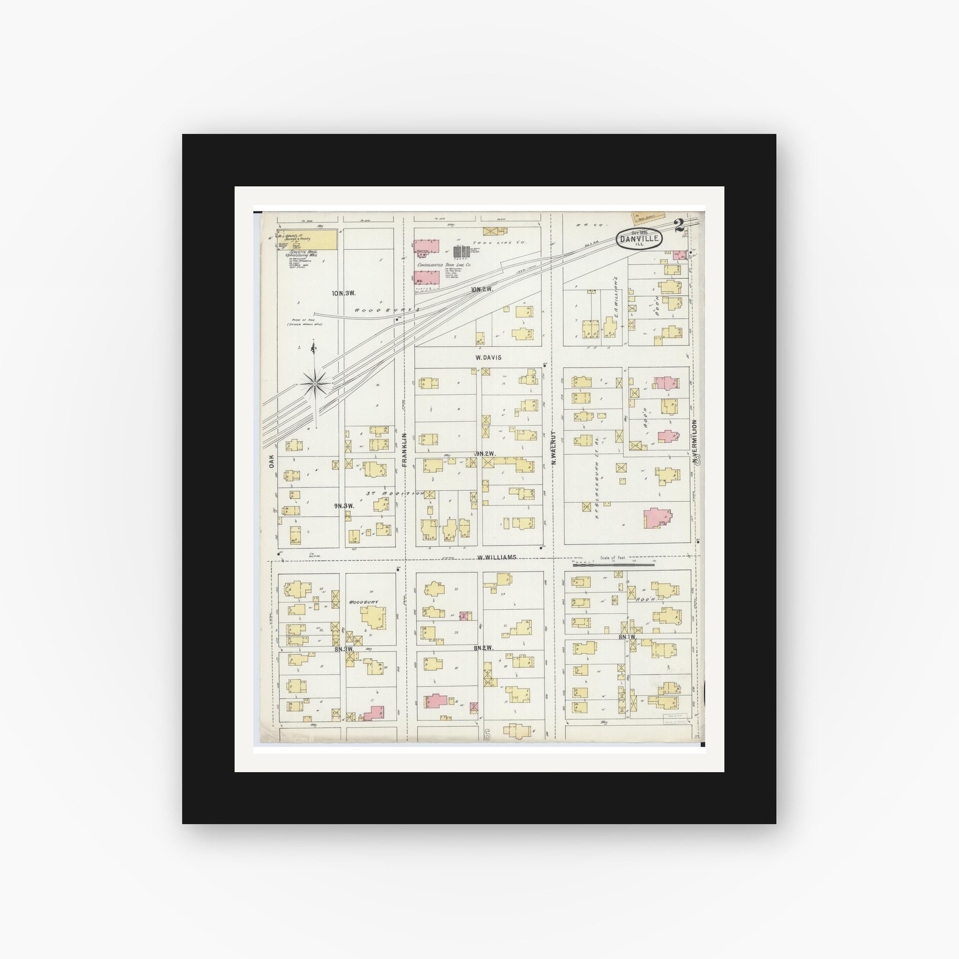 Old map wall art mockup — black gallery frame with white mat — Sanborn Fire Insurance Map from Danville, Vermilion County, Illinois (1895), Sheet #0002