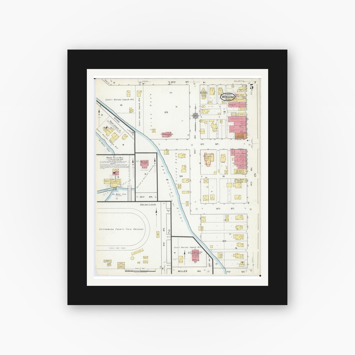 Old map wall art mockup — black gallery frame with white mat — Sanborn Fire Insurance Map from Windom, Cottonwood County, Minnesota (1917), Sheet #0005