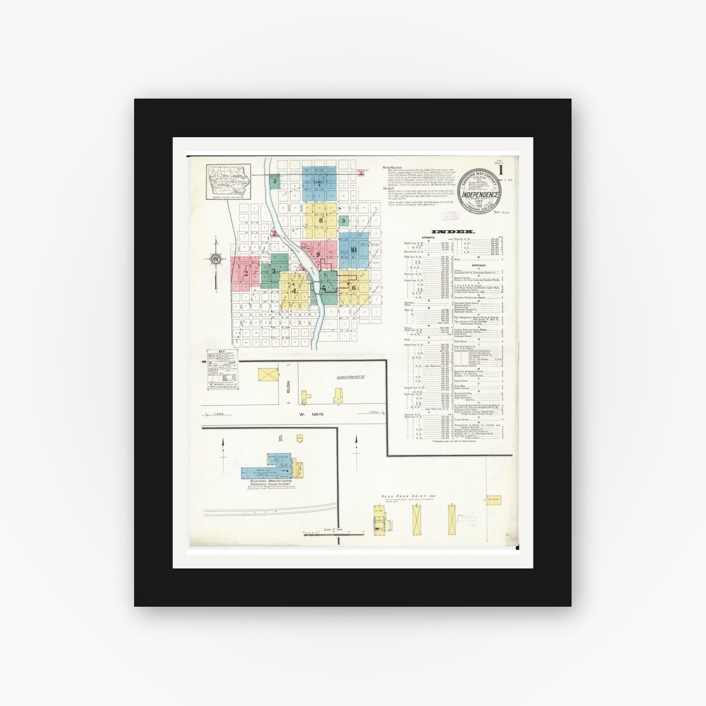 Old map wall art mockup — black gallery frame with white mat — Sanborn Fire Insurance Map from Independence, Buchanan County, Iowa (1913) â€” Complete Set