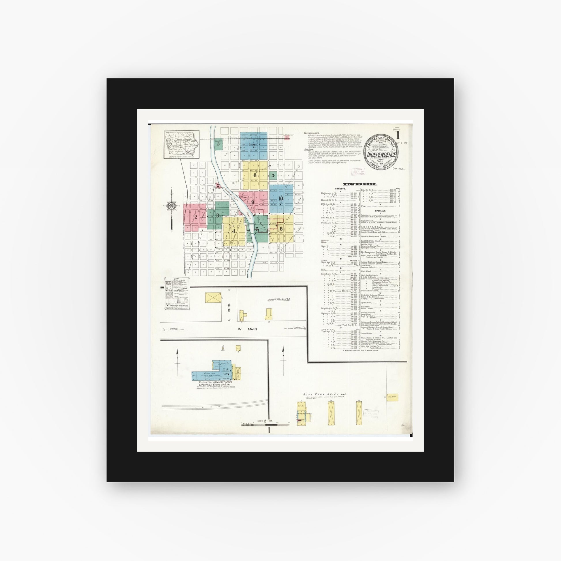 Old map wall art mockup — black gallery frame with white mat — Sanborn Fire Insurance Map from Independence, Buchanan County, Iowa (1913) â€” Complete Set