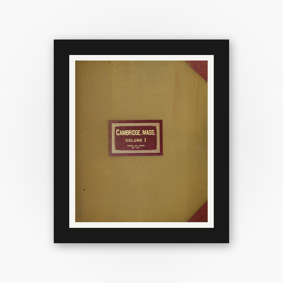 Old map wall art mockup — black gallery frame with white mat — Sanborn Fire Insurance Map from Cambridge, Middlesex County, Massachusetts (1950), Sheet #0001