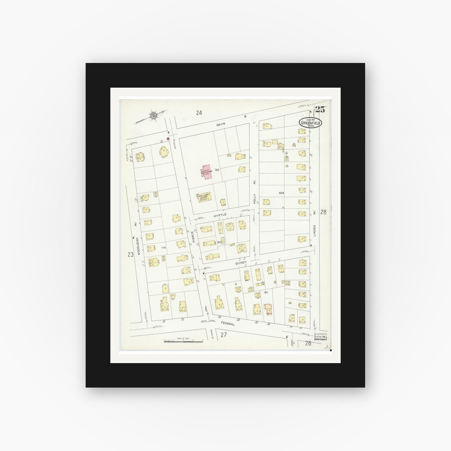 Old map wall art mockup — black gallery frame with white mat — Sanborn Fire Insurance Map from Greenfield, Franklin County, Massachusetts (1914), Sheet #0025