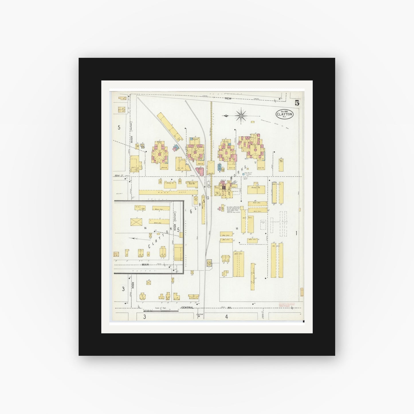 Old map wall art mockup — black gallery frame with white mat — Sanborn Fire Insurance Map from Clayton, Gloucester County, New Jersey (1900), Sheet #0005