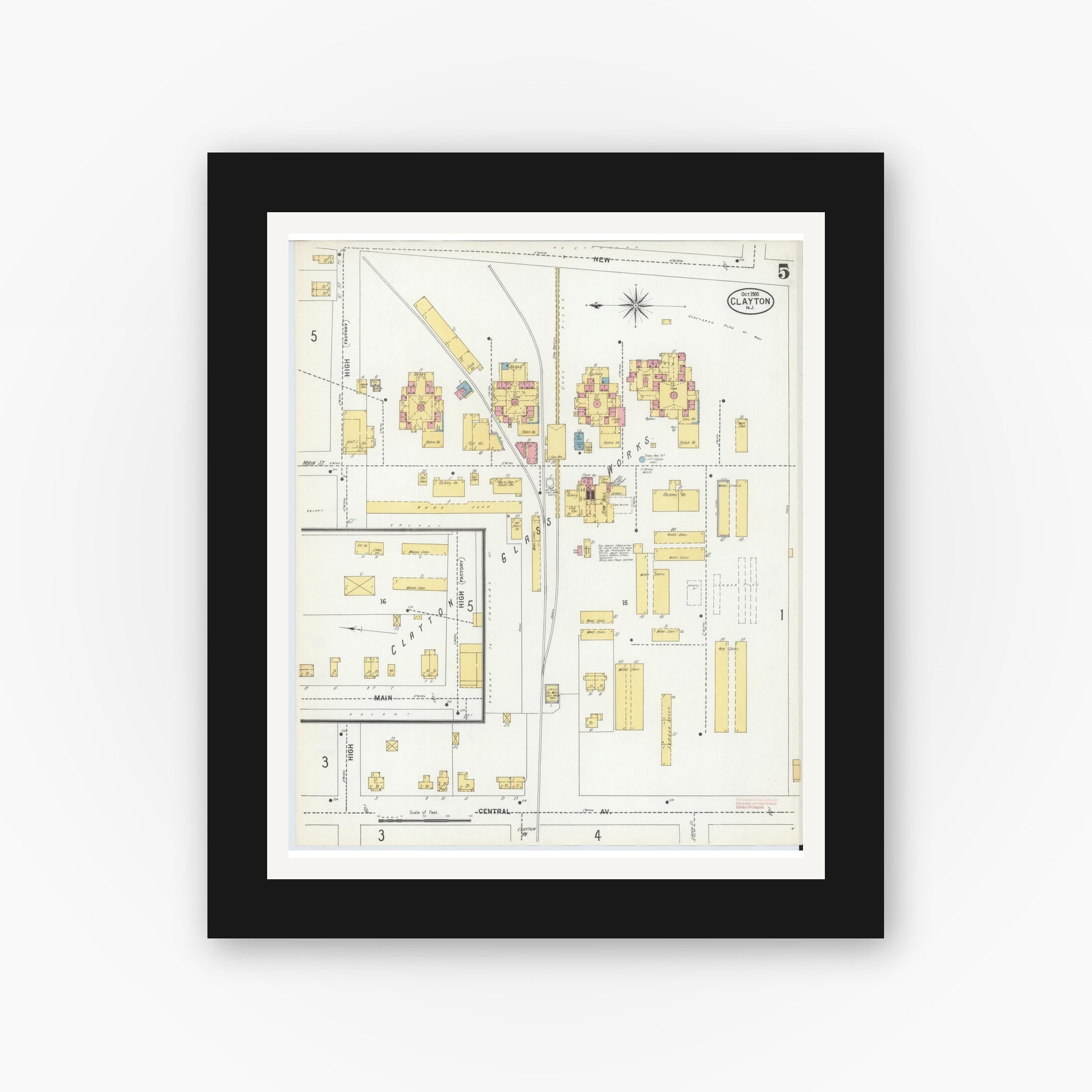 Old map wall art mockup — black gallery frame with white mat — Sanborn Fire Insurance Map from Clayton, Gloucester County, New Jersey (1900), Sheet #0005