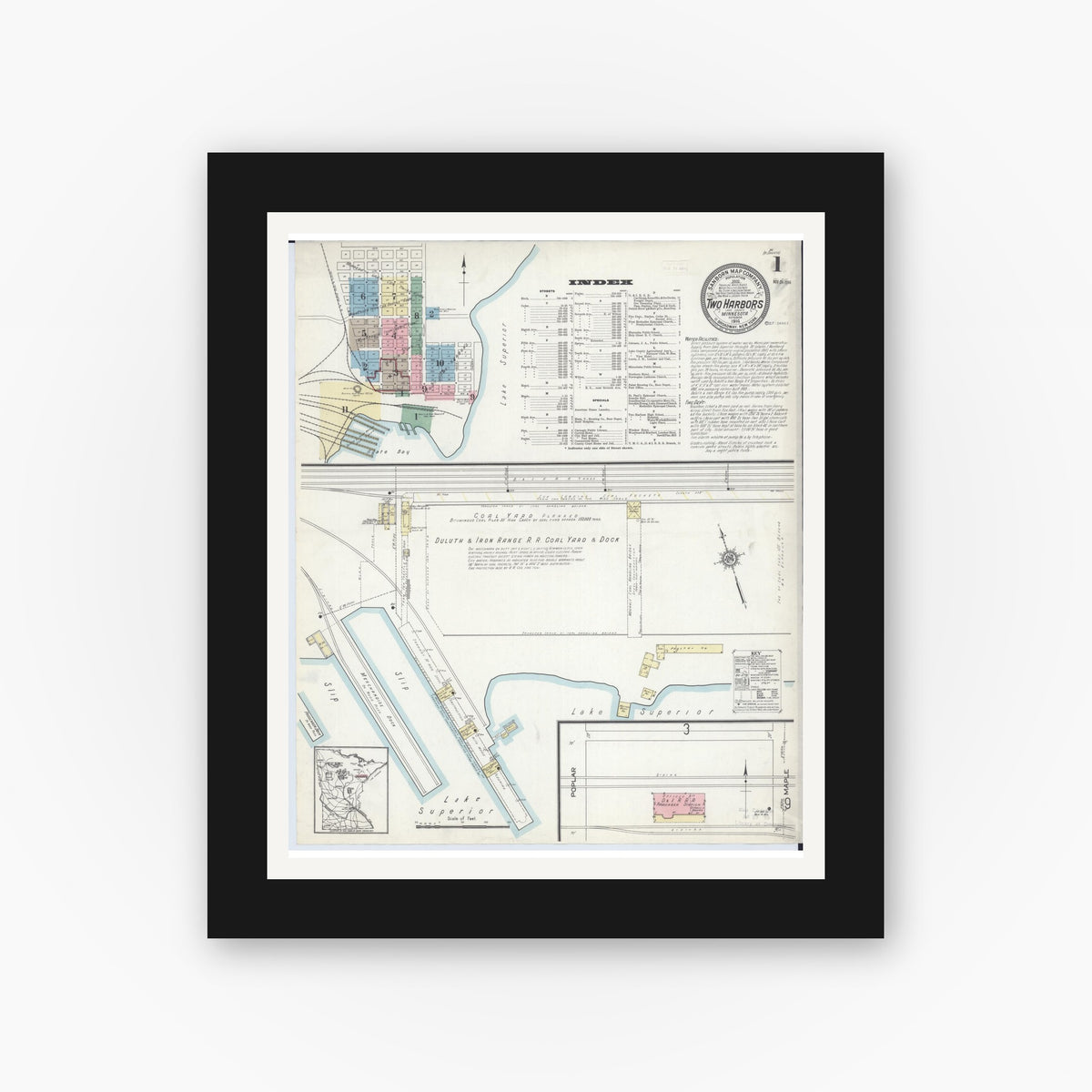 Old map wall art mockup — black gallery frame with white mat — Sanborn Fire Insurance Map from Two Harbors, Lake County, Minnesota (1914), Sheet #0001