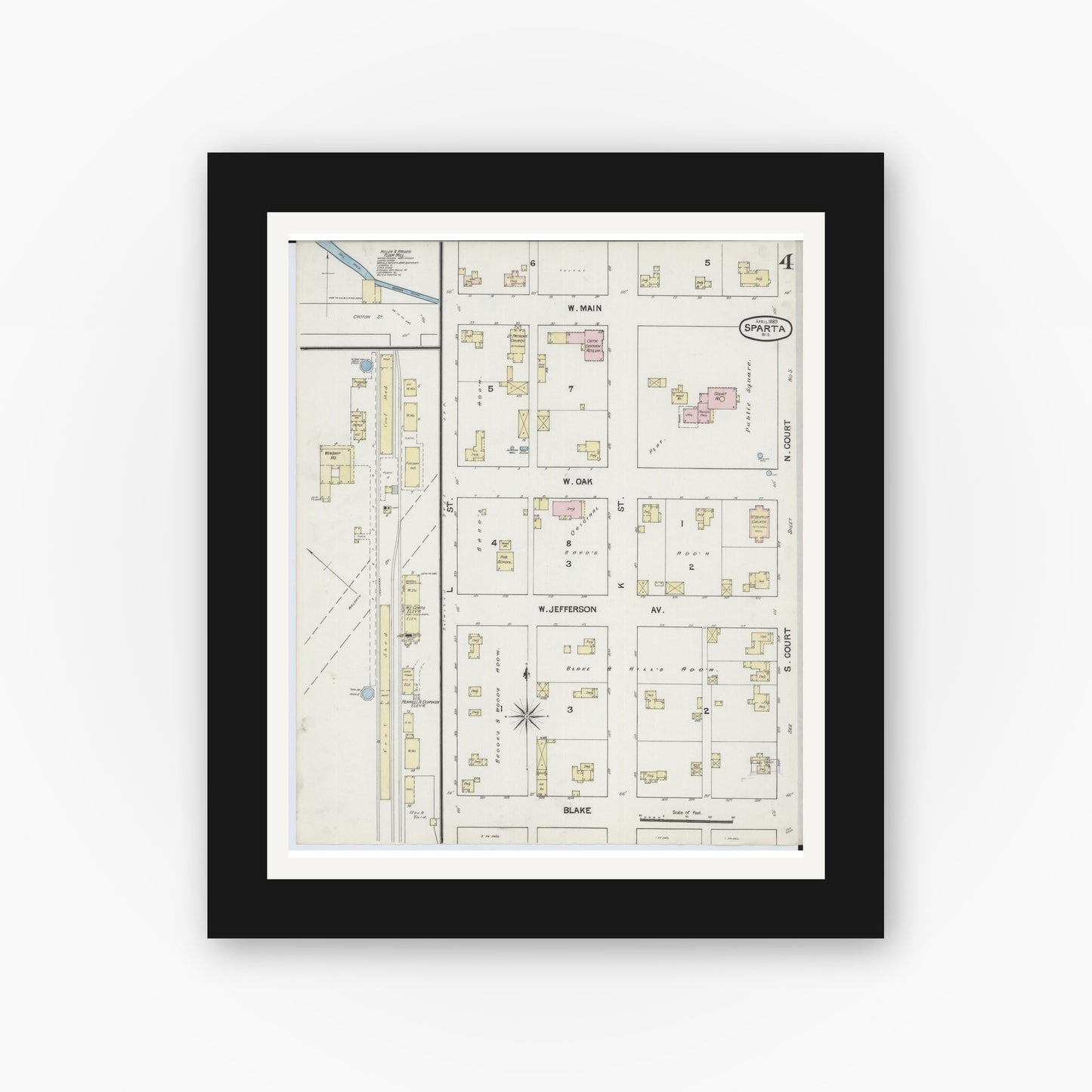 Old map wall art mockup — black gallery frame with white mat — Sanborn Fire Insurance Map from Sparta, Monroe County, Wisconsin (1889), Sheet #0004