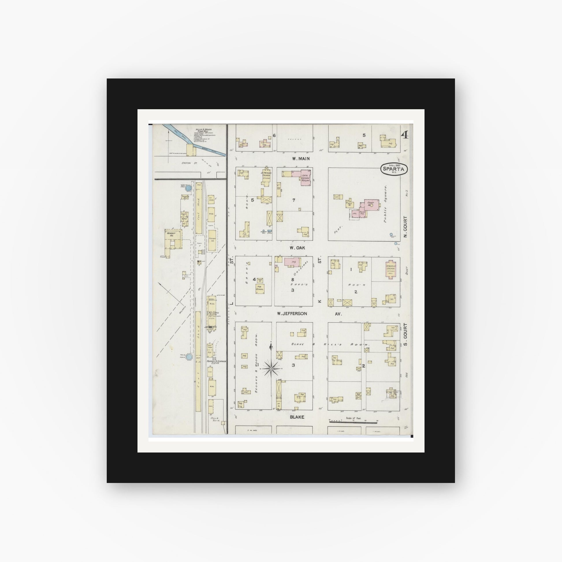 Old map wall art mockup — black gallery frame with white mat — Sanborn Fire Insurance Map from Sparta, Monroe County, Wisconsin (1889), Sheet #0004