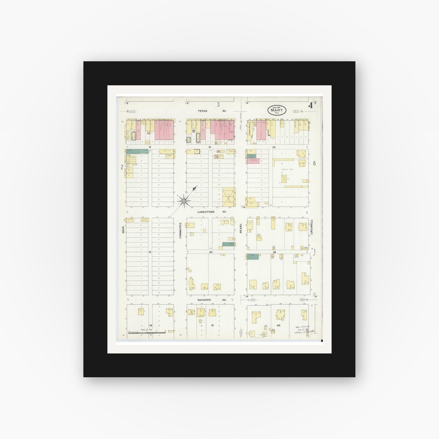 Old map wall art mockup — black gallery frame with white mat — Sanborn Fire Insurance Map from Mart, McLennan County, Texas (1909), Sheet #0004