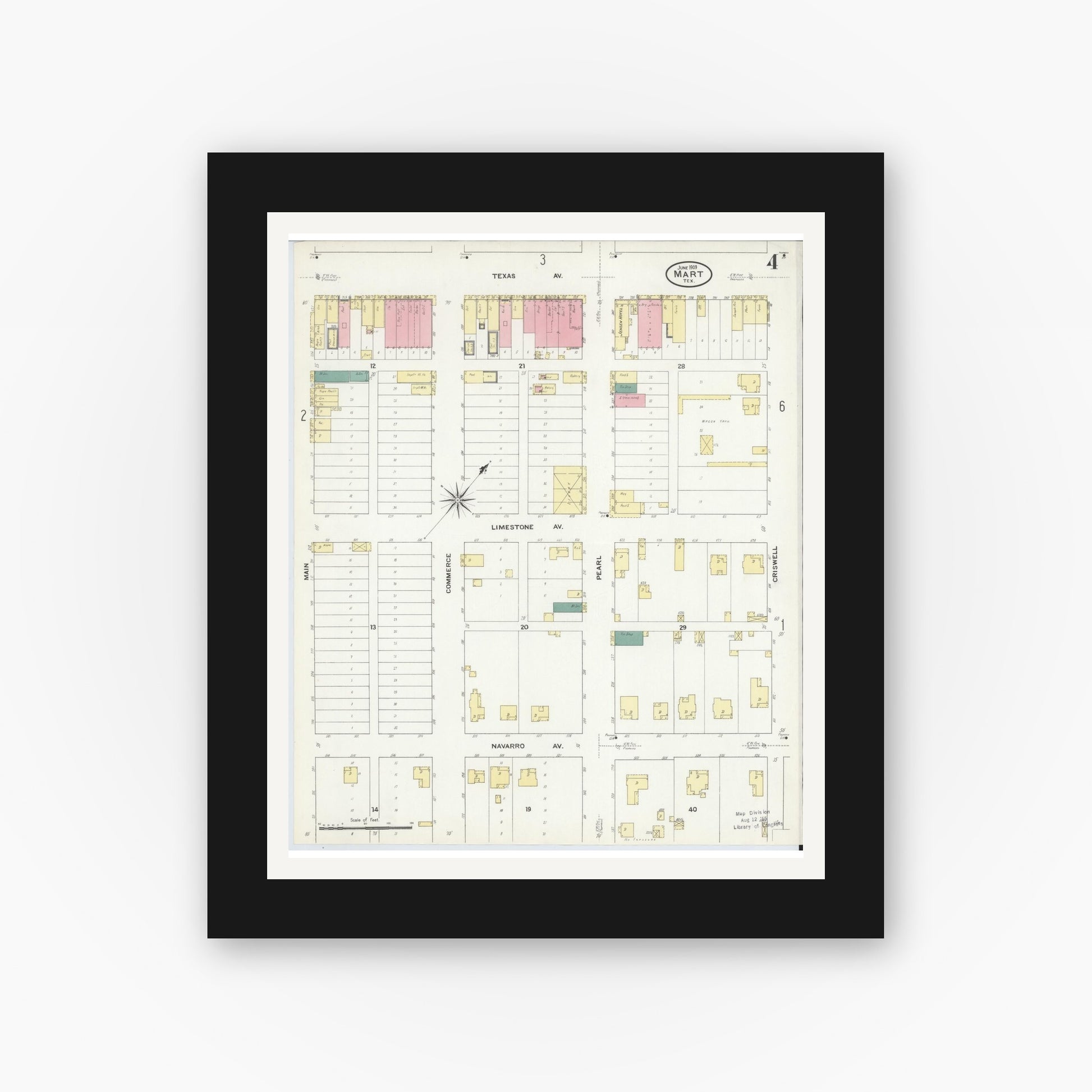 Old map wall art mockup — black gallery frame with white mat — Sanborn Fire Insurance Map from Mart, McLennan County, Texas (1909), Sheet #0004