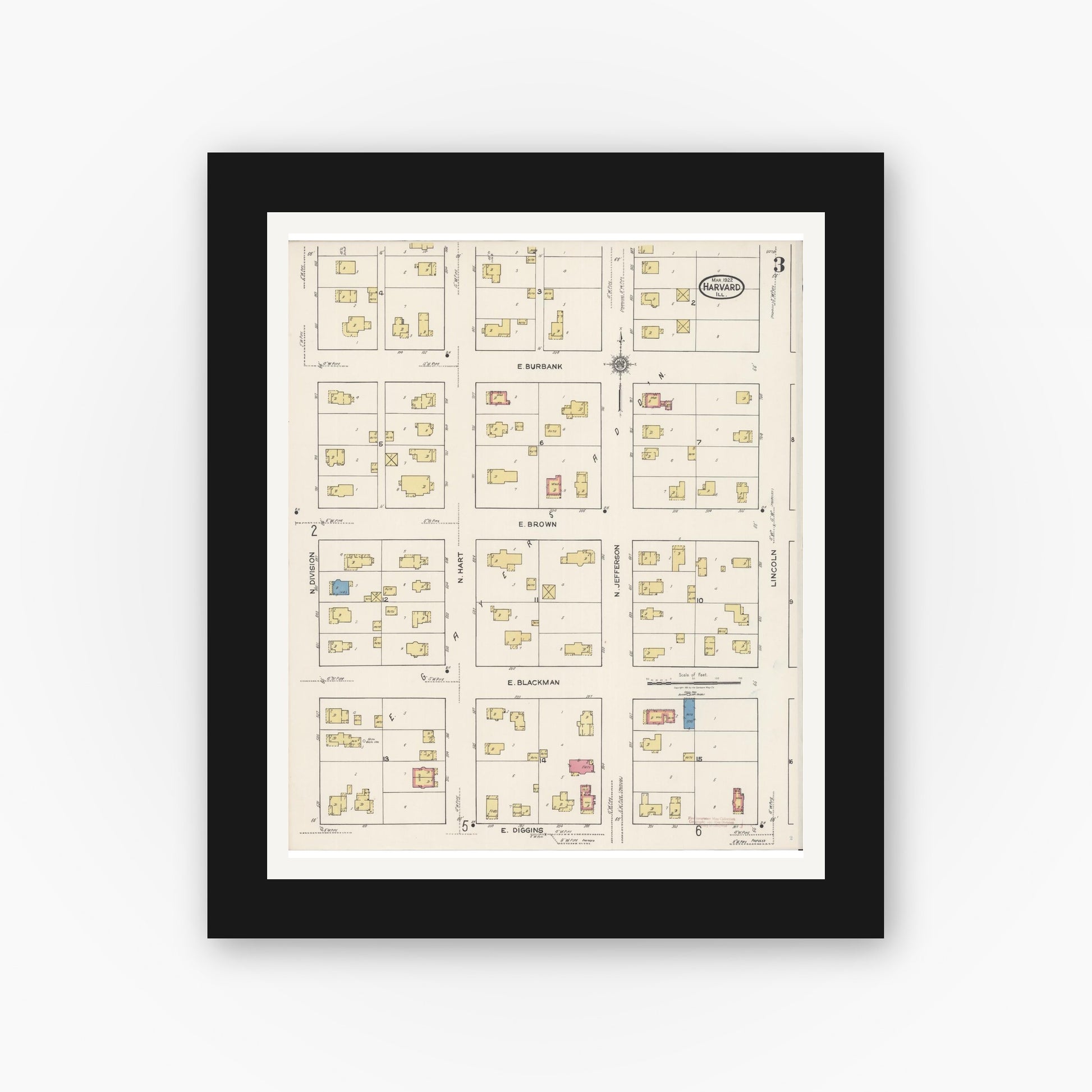 Old map wall art mockup — black gallery frame with white mat — Sanborn Fire Insurance Map from Harvard, McHenry County, Illinois (1922), Sheet #0003