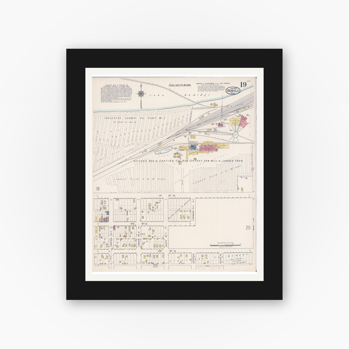 Old map wall art mockup — black gallery frame with white mat — Sanborn Fire Insurance Map from Bemidji, Beltrami County, Minnesota (1922), Sheet #0019