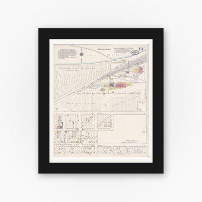 Old map wall art mockup — black gallery frame with white mat — Sanborn Fire Insurance Map from Bemidji, Beltrami County, Minnesota (1922), Sheet #0019