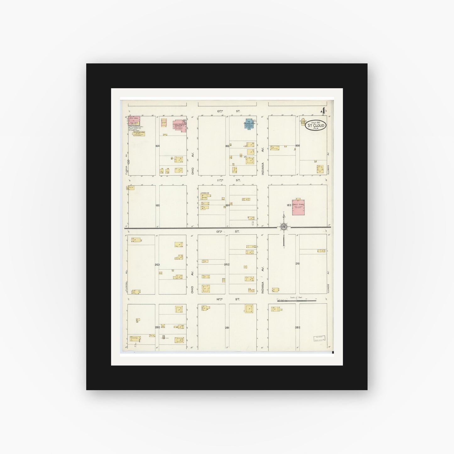 Old map wall art mockup — black gallery frame with white mat — Sanborn Fire Insurance Map from Saint Cloud, Osceola County, Florida (1915), Sheet #0004