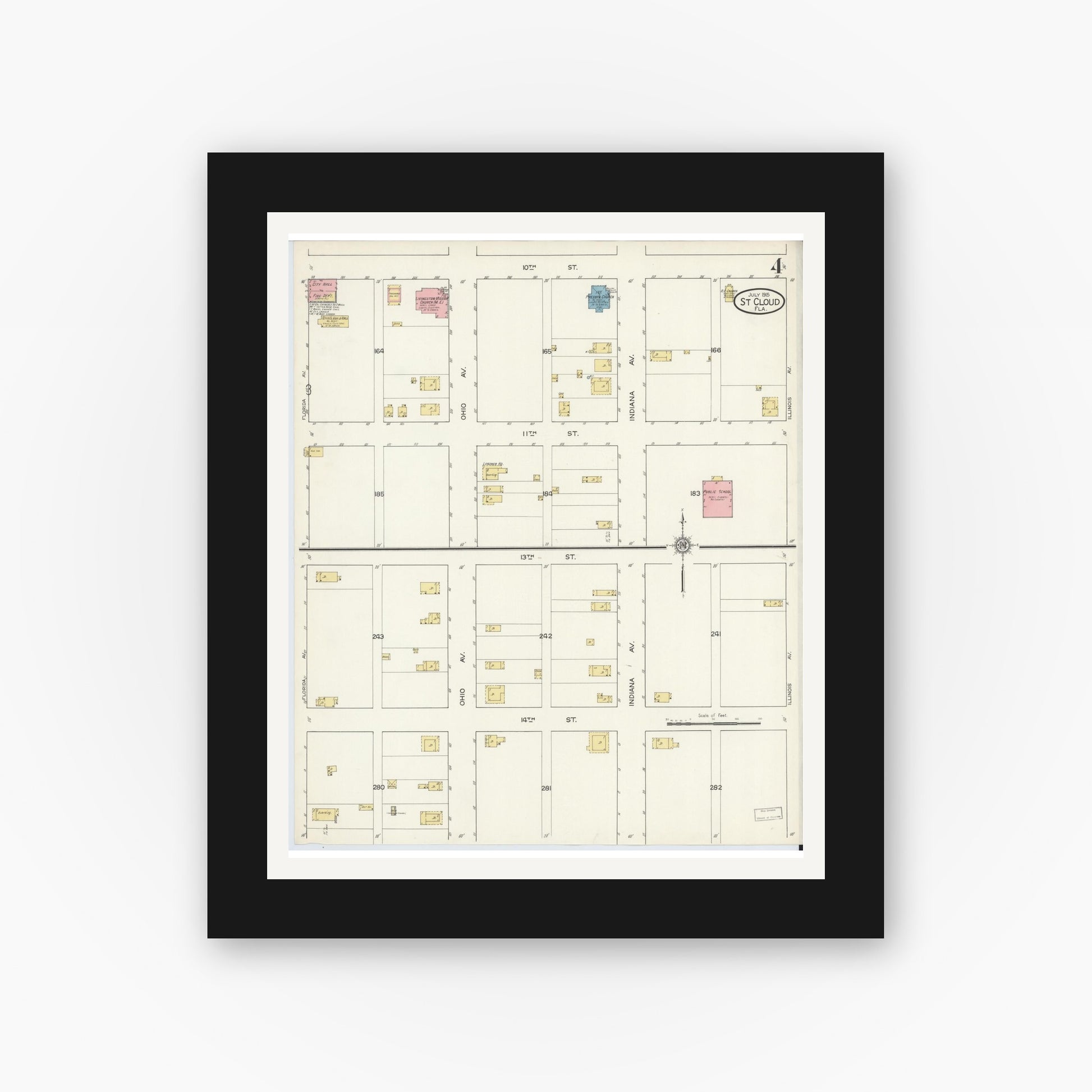 Old map wall art mockup — black gallery frame with white mat — Sanborn Fire Insurance Map from Saint Cloud, Osceola County, Florida (1915), Sheet #0004