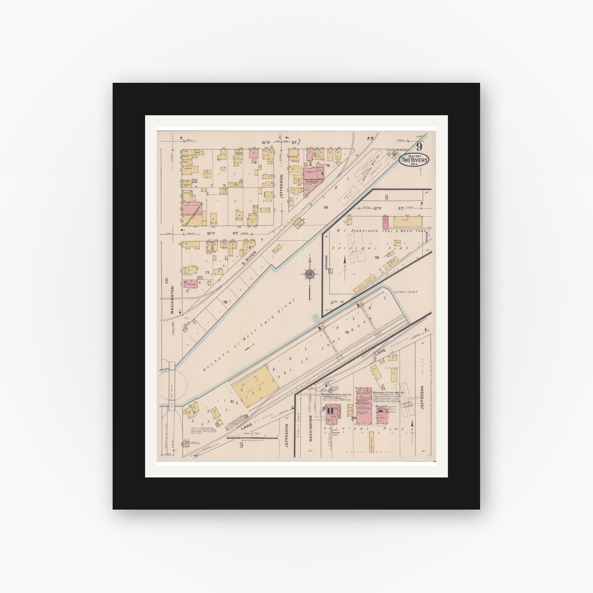 Old map wall art mockup — black gallery frame with white mat — Sanborn Fire Insurance Map from Two Rivers, Manitowoc County, Wisconsin (1922), Sheet #0009