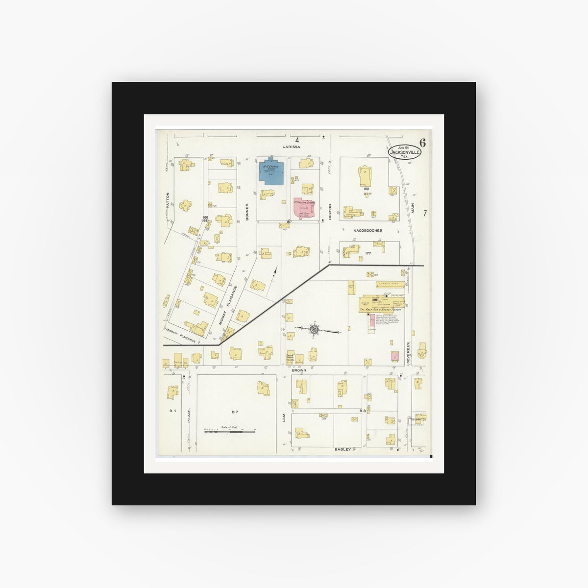 Old map wall art mockup — black gallery frame with white mat — Sanborn Fire Insurance Map from Jacksonville, Cherokee County, Texas (1911), Sheet #0006