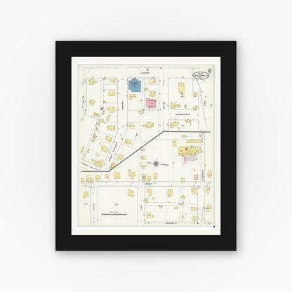 Old map wall art mockup — black gallery frame with white mat — Sanborn Fire Insurance Map from Jacksonville, Cherokee County, Texas (1911), Sheet #0006