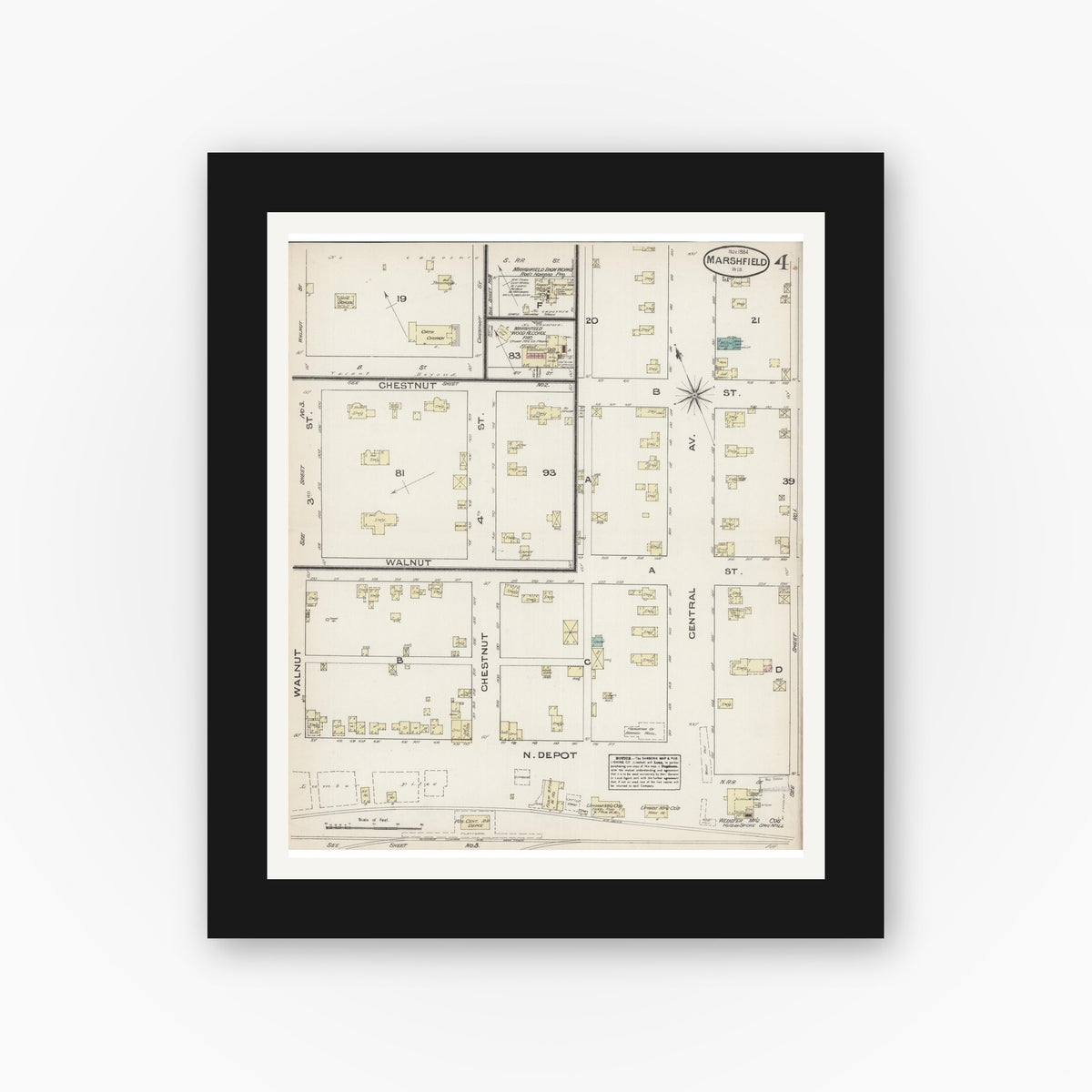 Old map wall art mockup — black gallery frame with white mat — Sanborn Fire Insurance Map from Marshfield, Wood County, Wisconsin (1884), Sheet #0004