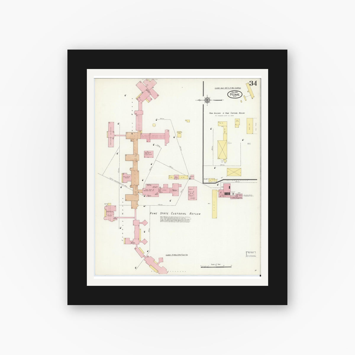 Old map wall art mockup — black gallery frame with white mat — Sanborn Fire Insurance Map from Rome, Oneida County, New York (1909), Sheet #0034