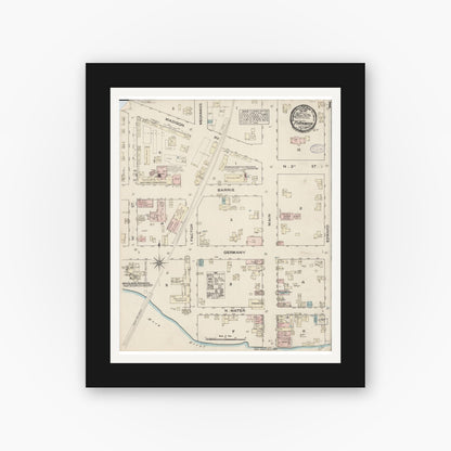 Old map wall art mockup — black gallery frame with white mat — Sanborn Fire Insurance Map from Fort Atkinson, Jefferson County, Wisconsin (1884), Sheet #0001