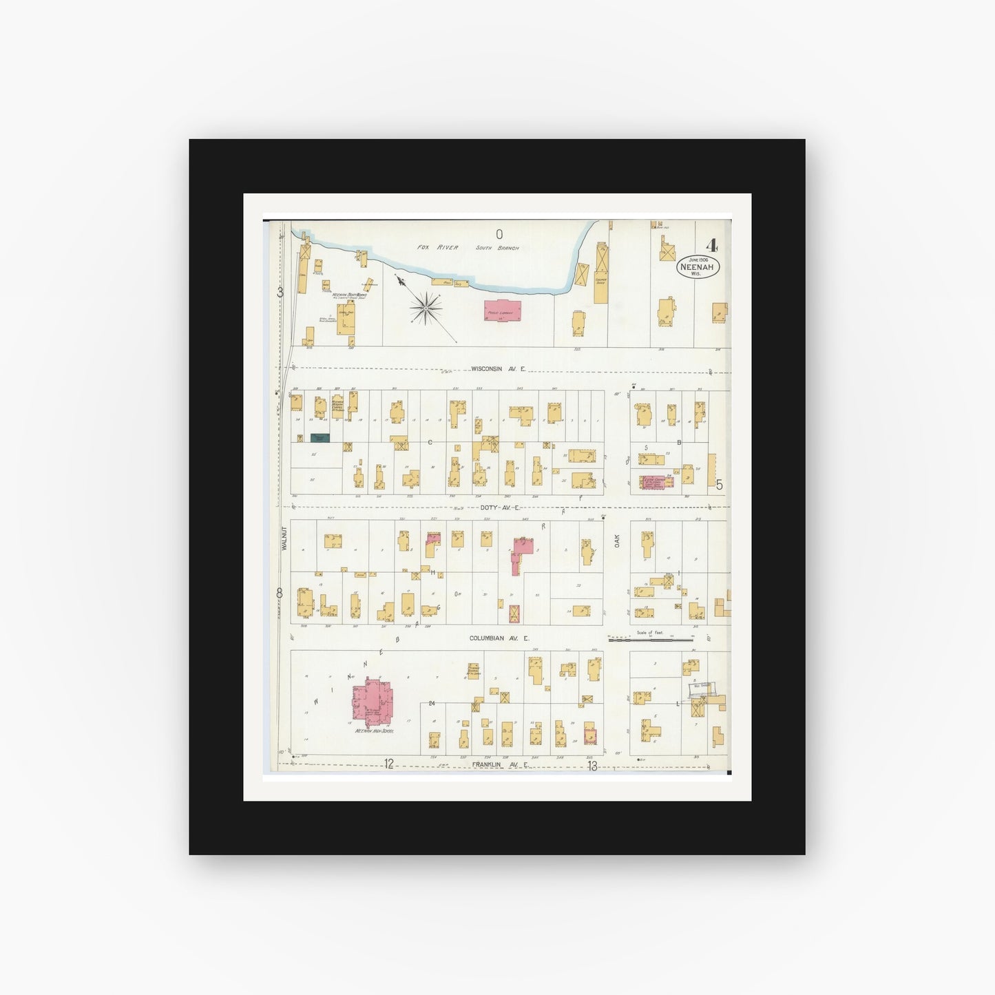 Old map wall art mockup — black gallery frame with white mat — Sanborn Fire Insurance Map from Neenah, Winnebago County, Wisconsin (1906), Sheet #0004