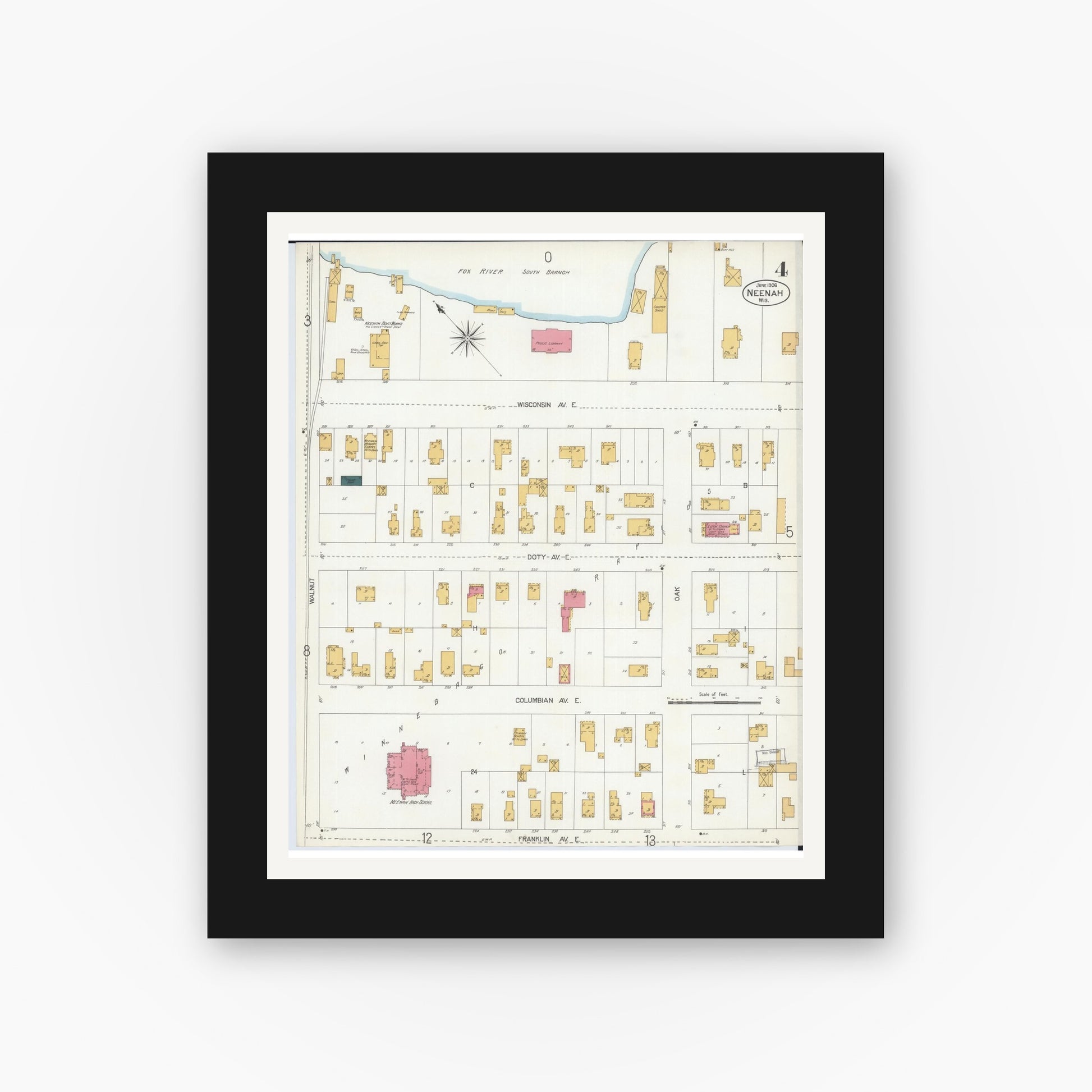 Old map wall art mockup — black gallery frame with white mat — Sanborn Fire Insurance Map from Neenah, Winnebago County, Wisconsin (1906), Sheet #0004