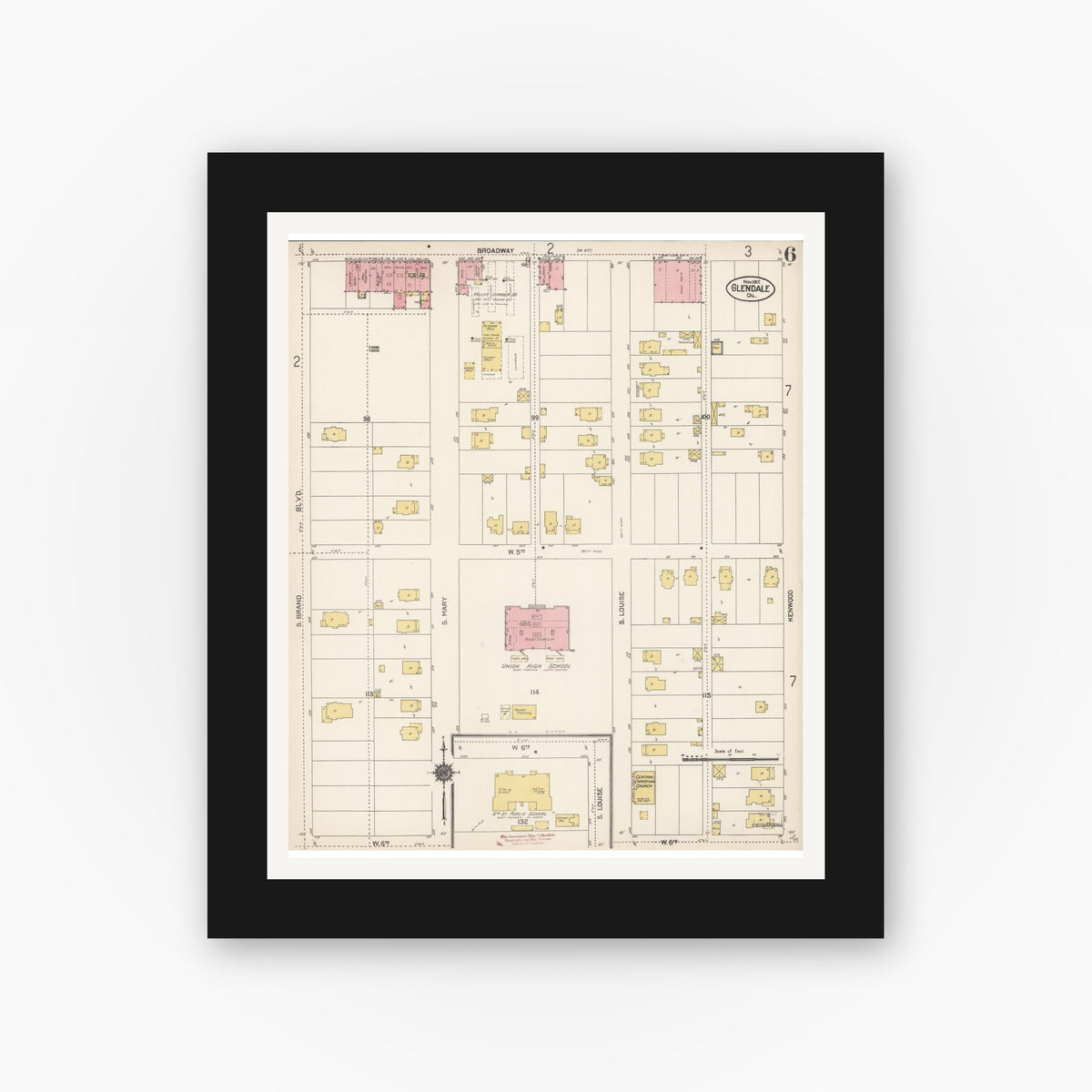 Old map wall art mockup — black gallery frame with white mat — Sanborn Fire Insurance Map from Glendale, Los Angeles County, California (1912), Sheet #0006