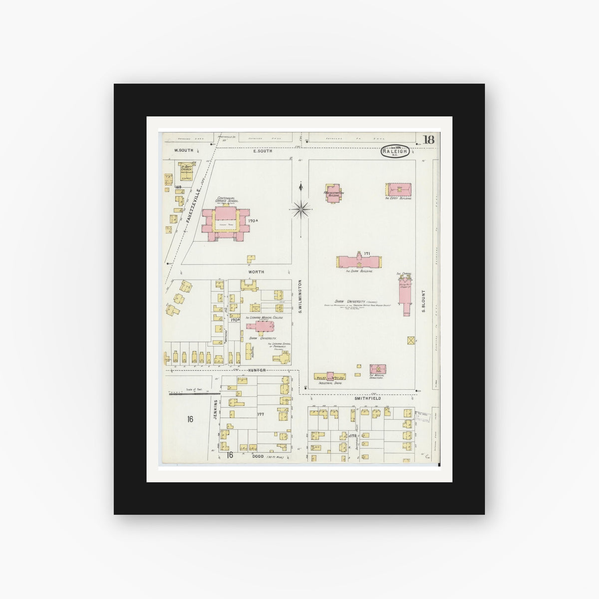 Old map wall art mockup — black gallery frame with white mat — Sanborn Fire Insurance Map from Raleigh, Wake County, North Carolina (1896), Sheet #0018