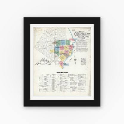 Old map wall art mockup — black gallery frame with white mat — Sanborn Fire Insurance Map from Palatka, Putnam County, Florida (1915), Sheet #0001