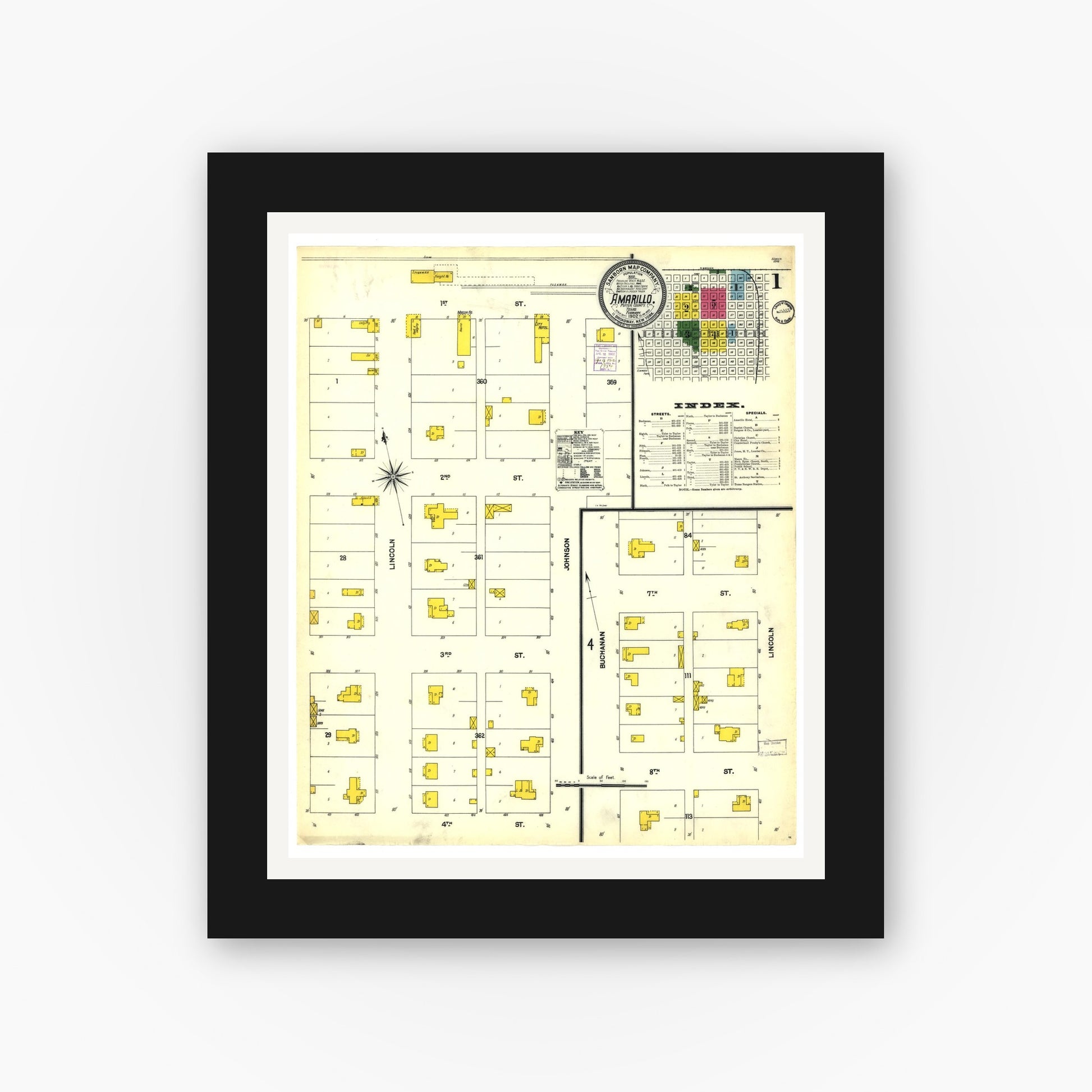 Old map wall art mockup — black gallery frame with white mat — Sanborn Fire Insurance Map from Amarillo, Potter County, Texas (1902), Sheet #0001