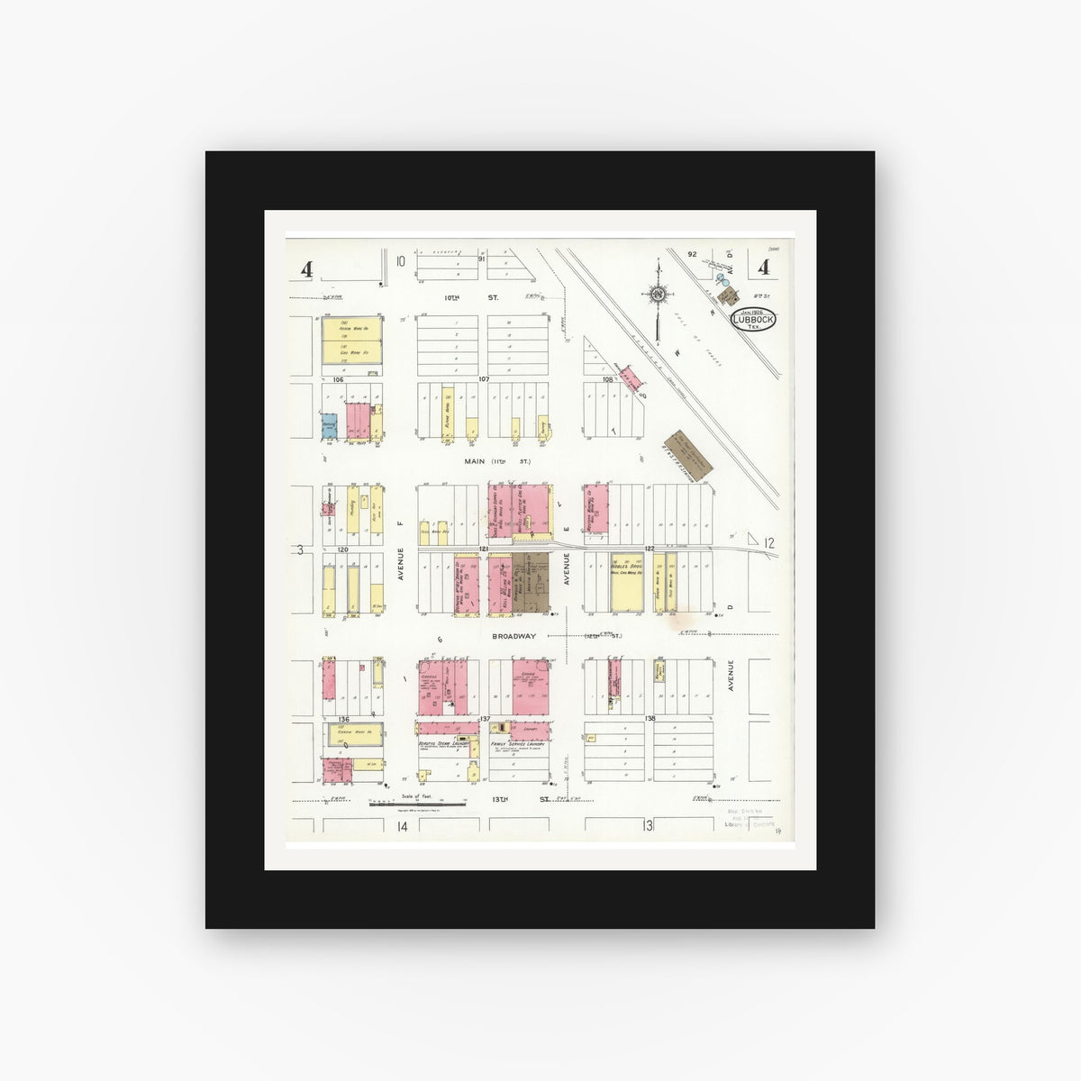 Old map wall art mockup — black gallery frame with white mat — Sanborn Fire Insurance Map from Lubbock, Lubbock County, Texas (1926), Sheet #0004