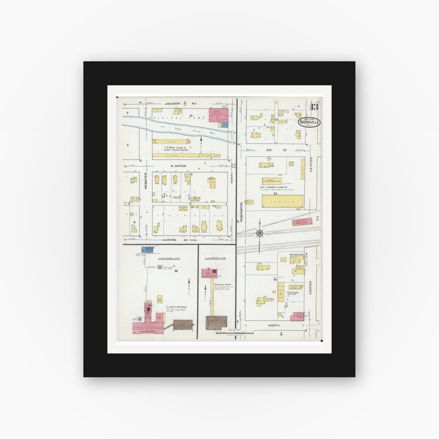 Old map wall art mockup — black gallery frame with white mat — Sanborn Fire Insurance Map from Naperville, Du Page County, Illinois (1921), Sheet #0013