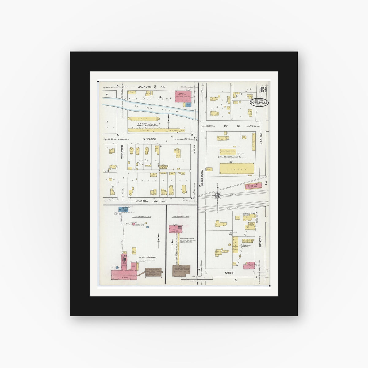 Old map wall art mockup — black gallery frame with white mat — Sanborn Fire Insurance Map from Naperville, Du Page County, Illinois (1921), Sheet #0013