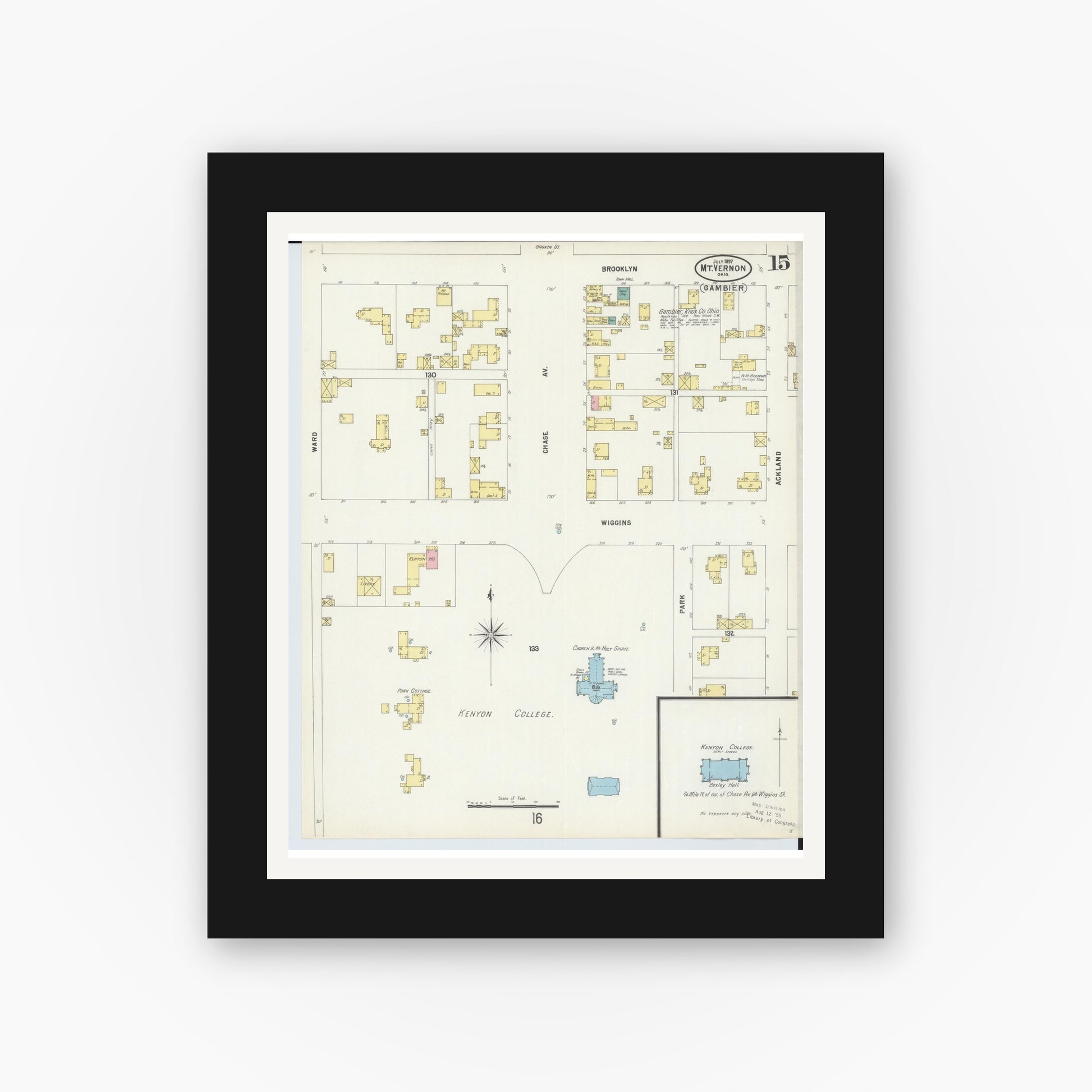 Old map wall art mockup — black gallery frame with white mat — Sanborn Fire Insurance Map from Mount Vernon, Knox County, Ohio (1897), Sheet #0015