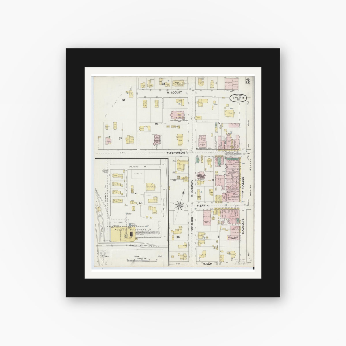Old map wall art mockup — black gallery frame with white mat — Sanborn Fire Insurance Map from Tyler, Smith County, Texas (1889), Sheet #0003