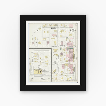 Old map wall art mockup — black gallery frame with white mat — Sanborn Fire Insurance Map from Tyler, Smith County, Texas (1889), Sheet #0003