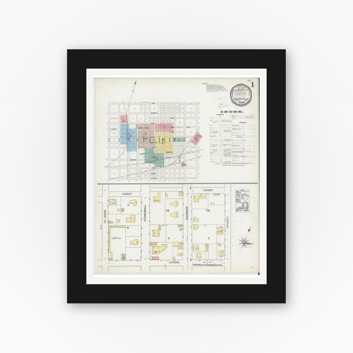 Old map wall art mockup — black gallery frame with white mat — Sanborn Fire Insurance Map from Greenville, Hunt County, Texas (1893) - Complete Map Set