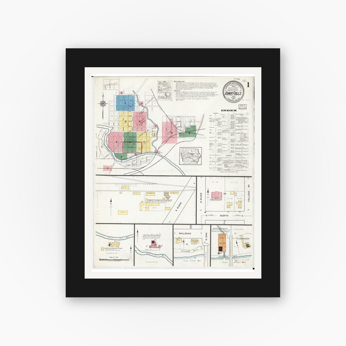 Old map wall art mockup — black gallery frame with white mat — Sanborn Fire Insurance Map from Iowa Falls, Hardin County, Iowa (1917) â€” Complete Set