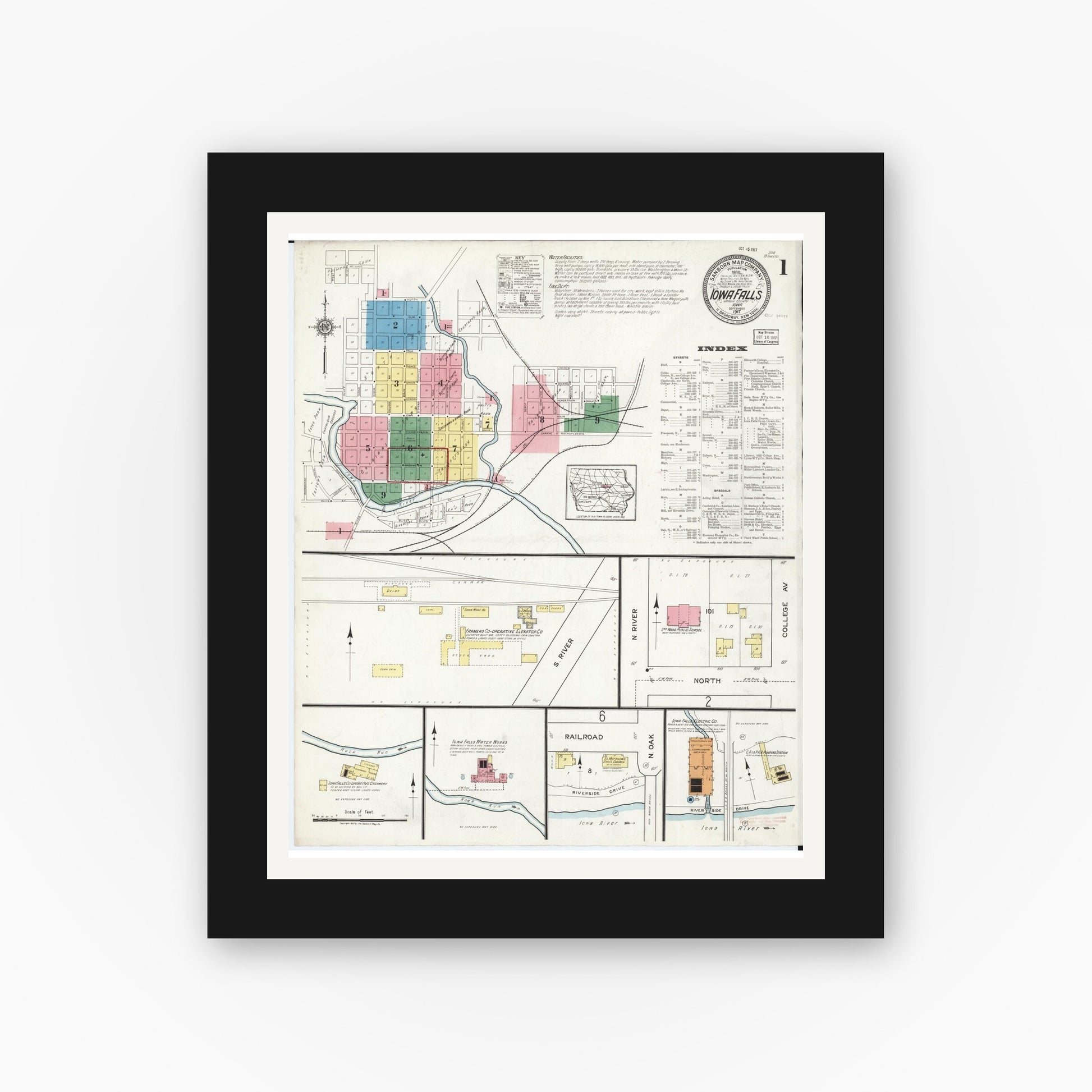 Old map wall art mockup — black gallery frame with white mat — Sanborn Fire Insurance Map from Iowa Falls, Hardin County, Iowa (1917) â€” Complete Set