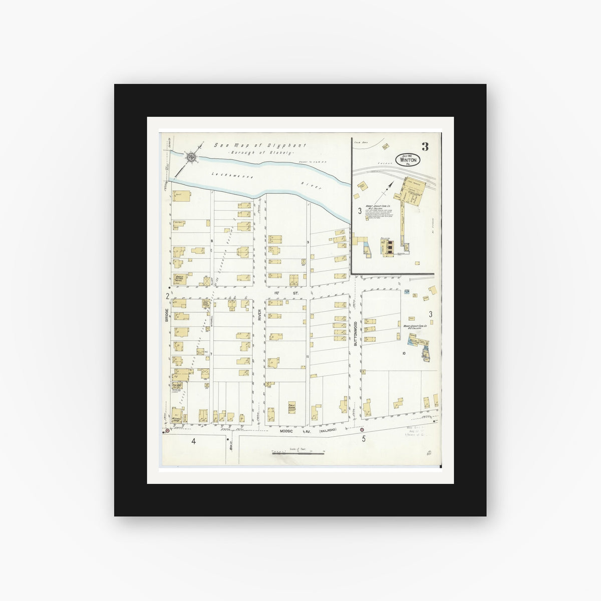 Old map wall art mockup — black gallery frame with white mat — Sanborn Fire Insurance Map from Winton, Lackawanna County, Pennsylvania (1912), Sheet #0003