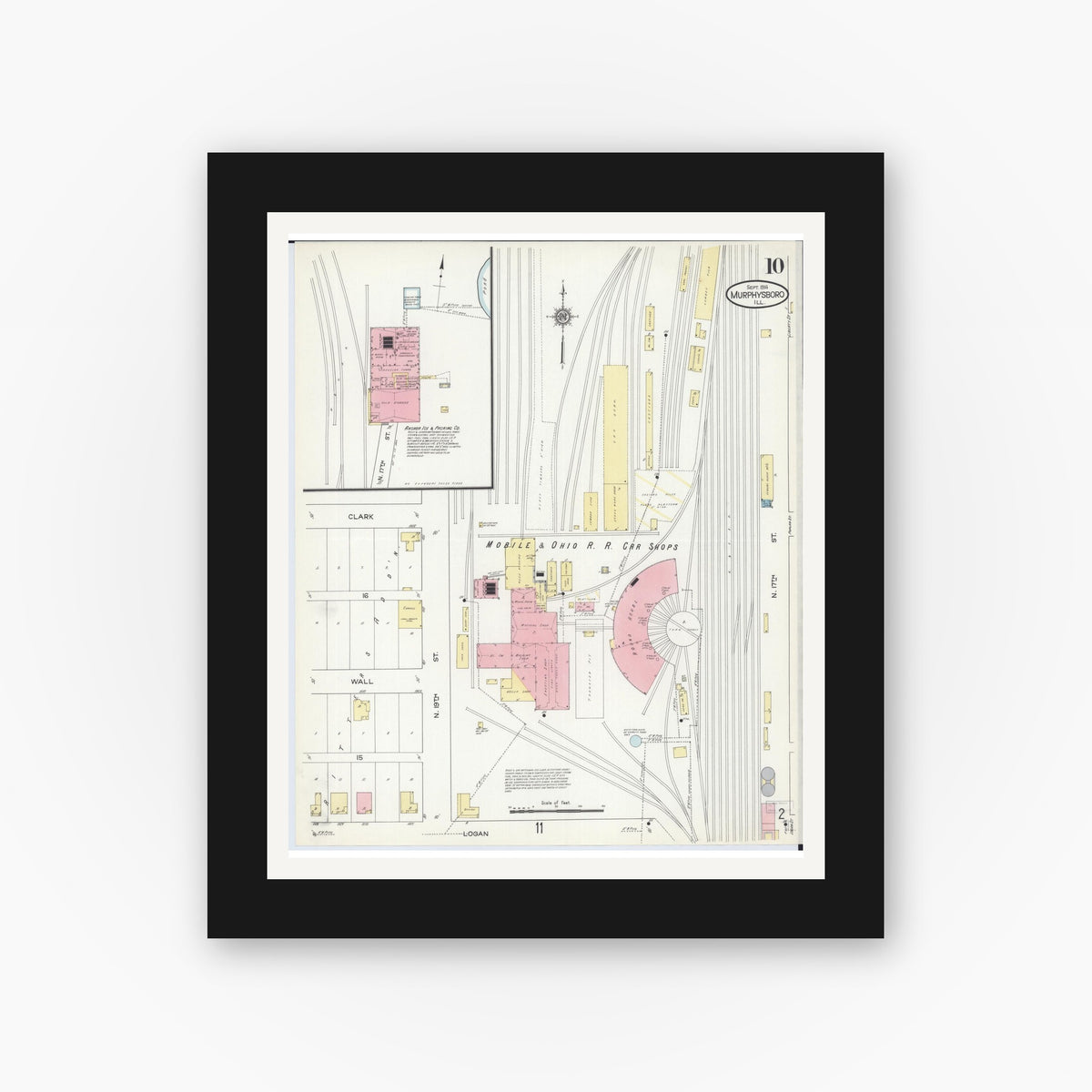 Old map wall art mockup — black gallery frame with white mat — Sanborn Fire Insurance Map from Murphysboro, Jackson County, Illinois (1914), Sheet #0010
