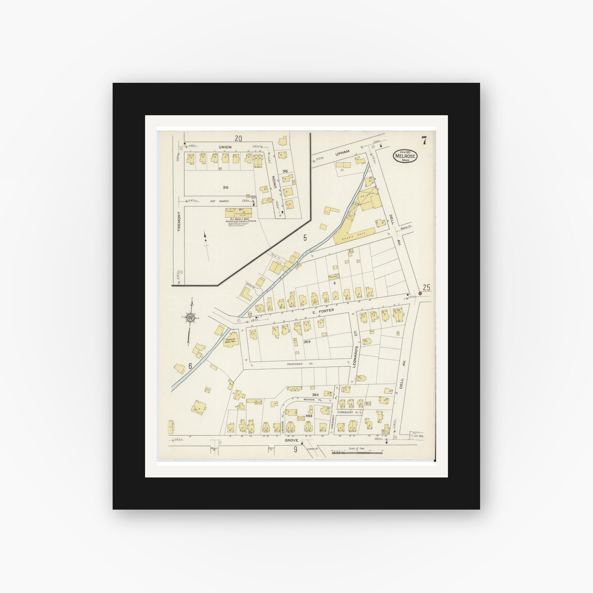 Old map wall art mockup — black gallery frame with white mat — Sanborn Fire Insurance Map from Melrose, Middlesex County, Massachusetts (1915), Sheet #0007