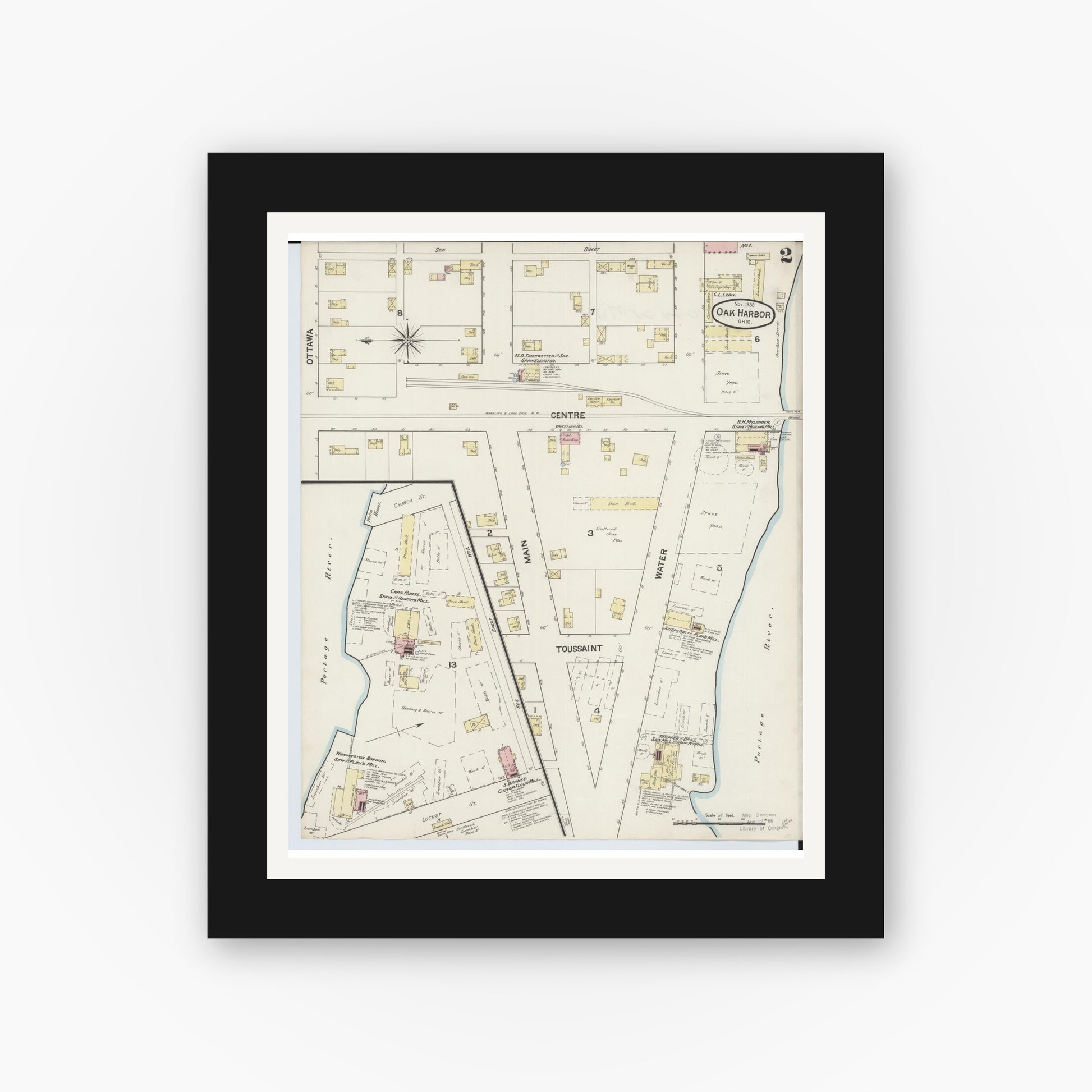 Old map wall art mockup — black gallery frame with white mat — Sanborn Fire Insurance Map from Oak Harbor, Ottawa County, Ohio (1888), Sheet #0002