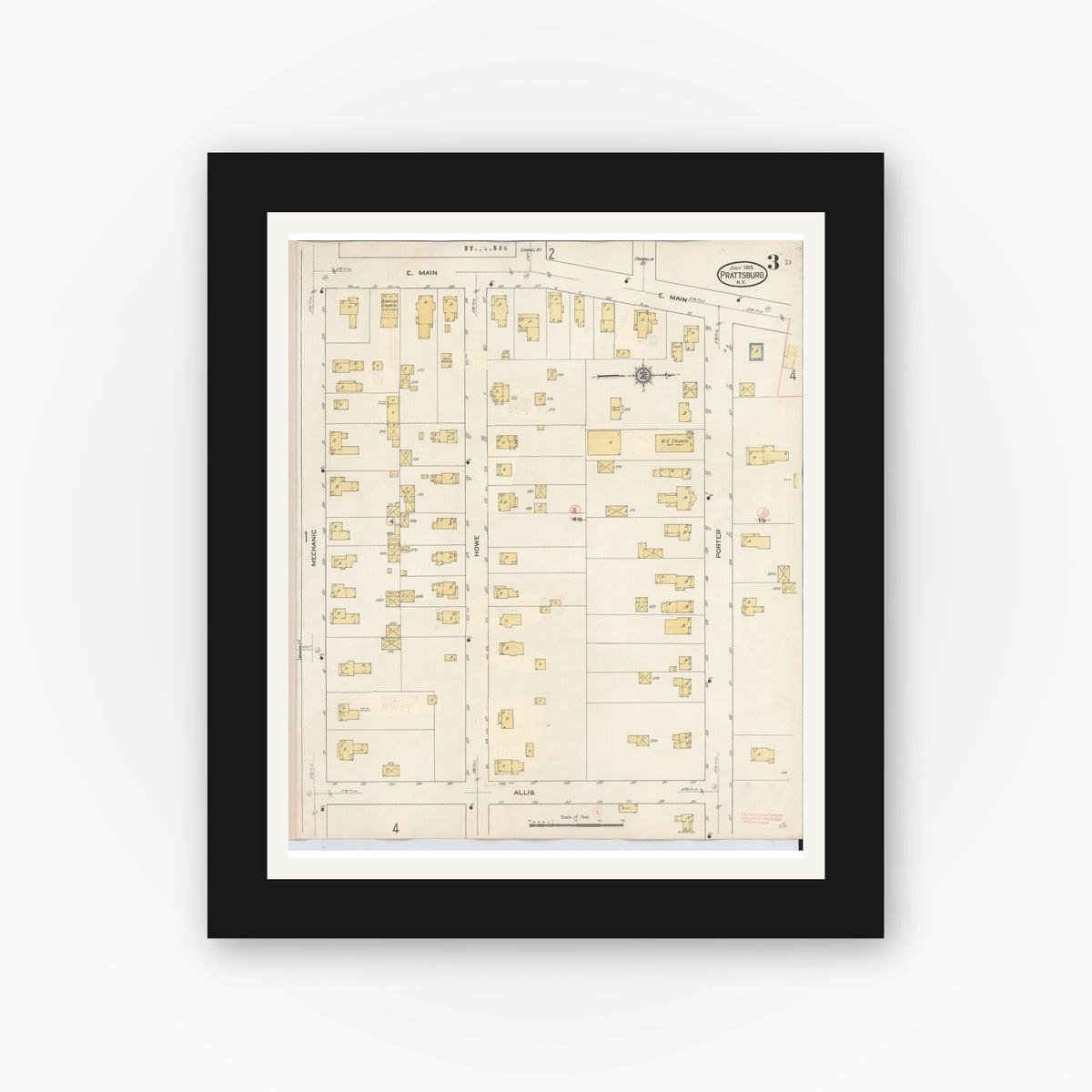 Old map wall art mockup — black gallery frame with white mat — Sanborn Fire Insurance Map from Prattsburgh, Steuben County, New York (1934), Sheet #0003